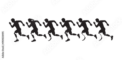 Row of six running athletes with prosthetic legs in a dynamic race on a white background