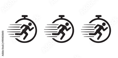 Fast runner stopwatch silhouette emblem icon set speed movement time deadline symbol graphic