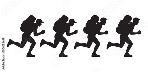 Running man silhouette carrying big backpack hiker runner with large luggage sprinting on white