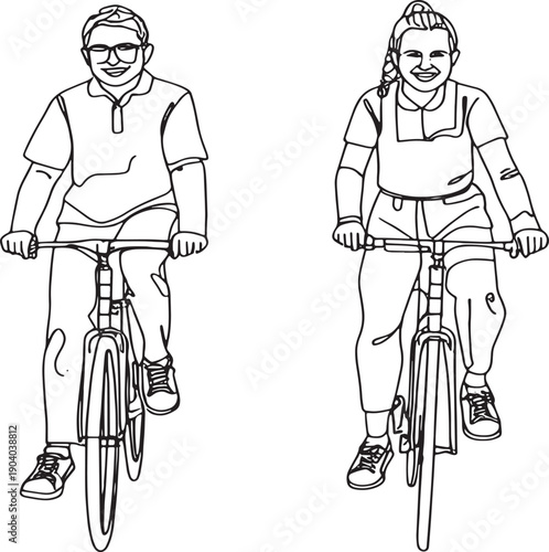 Two people riding bicycles a line art illustration