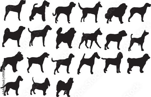 Collection of black silhouette profiles depicting various dog breeds and poses