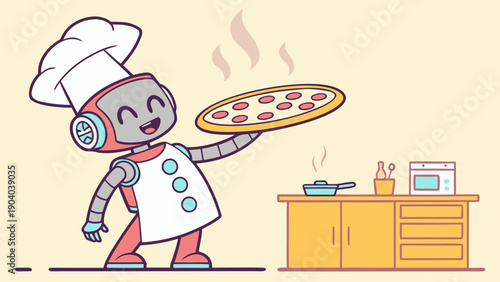 Cartoon robot chef bringing freshly baked pizza, gentle steam rising from the food, premium style.