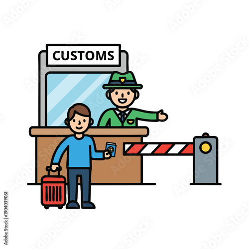 Man at Customs Control with Suitcase and Passport