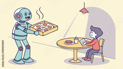 Animated cartoon robot delivering a pizza box to the customer's table, with warm and inviting lighting.