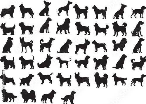 Collection of black silhouettes depicting various breeds of dogs