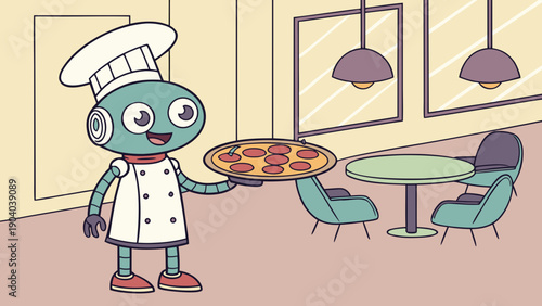 Cartoon robot chef bringing freshly baked pizza, gentle steam rising from the food, premium style.