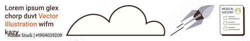 Innovation, health documentation, progress, technology, exploration, data management. A rocket launching near a cloud and a medical history document. Innovation and health documentation concept