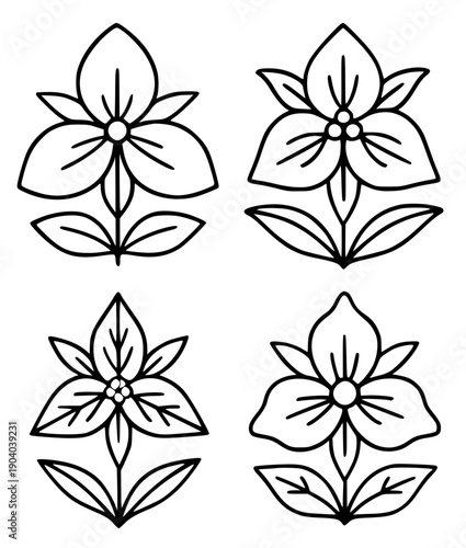 Plant icons, 4 vector illustrations of trillium, in outline design style