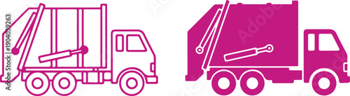 Two different types of garbage trucks parked side by side in a parking lot isolated on white background, illustration