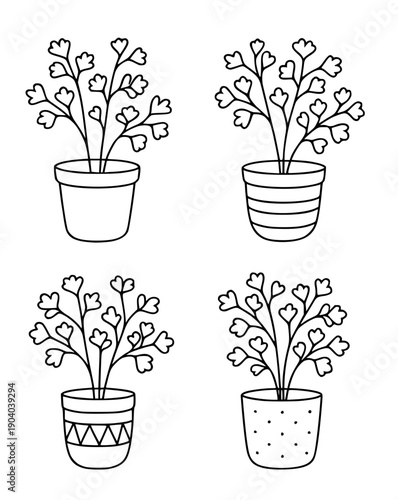 Plant icons, 4 vector illustrations of maidenhair in pots, in outline design style