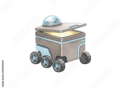 Futuristic autonomous delivery robot with an open lid and a clear dome watercolor illustration