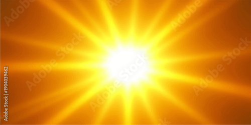 A vibrant summer sunrise creates a bright orange and yellow sunburst explosion with glowing rays and warm sunlight beams shining across a sunny sky illustration design