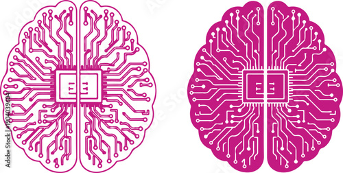 Intricate brain-inspired circuit designs showcasing neural network patterns isolated on white background, illustration