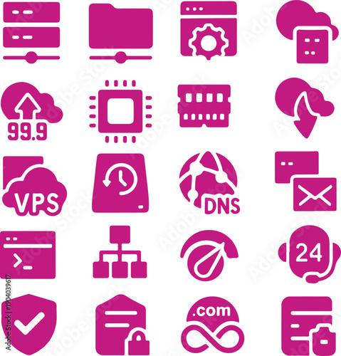 Collection of icons representing various web hosting and internet services isolated on white background, illustration