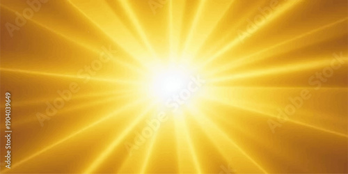 A vibrant summer sunburst background features a bright yellow and orange vector design with hot sun rays exploding in a warm, glowing sky at sunrise