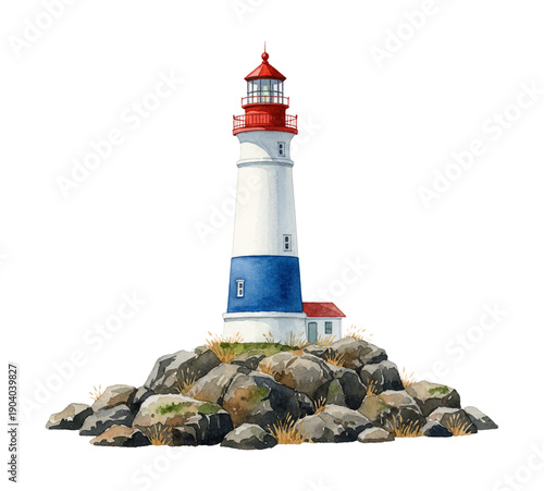 Watercolor Lighthouse with Red Top White Body and Blue Base Standing on Rocky Island with Dry Grass