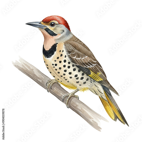 Vibrant Northern Flicker bird watercolor illustration perched calmly on a bare branch with a spotted chest