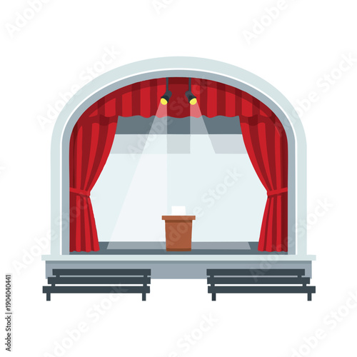 Empty Stage with Red Curtains and Podium