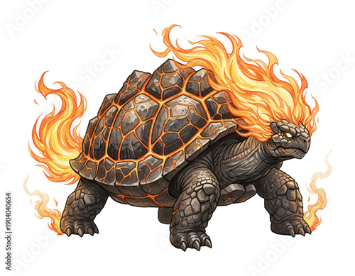 Powerful Mythical Fire Tortoise Creature with Volcanic Rock Shell and Fiery Head Flames