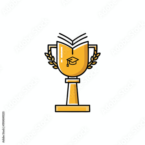 Golden Trophy with Graduation Cap and Laurel Wreath
