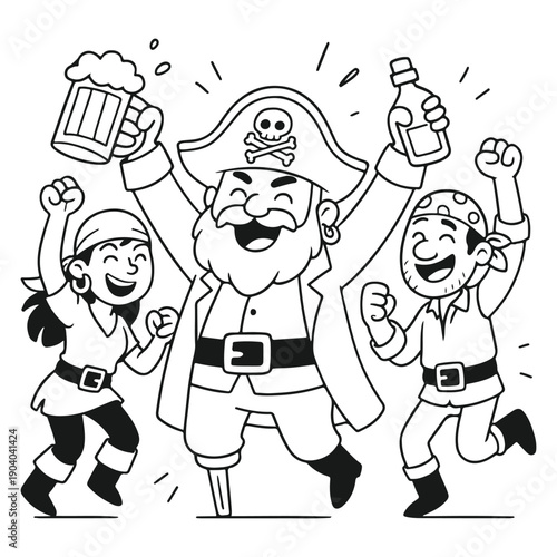 Black outline vector illustration of a group of pirates celebrating together with drinks, shown in a lively cartoon pirate scene.