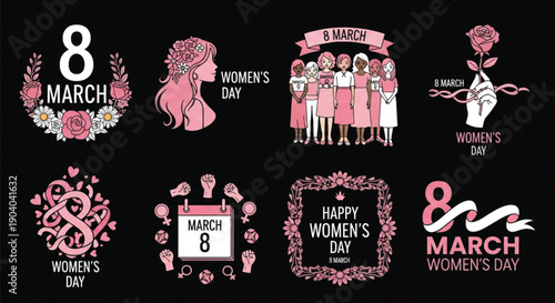 International Women’s Day Illustration Set – 8 March Feminine Symbols, Floral and Empowerment Designs