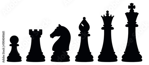 Silhouette chess piece set featuring all standard pieces for strategy concepts