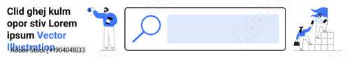 Online search tools, web browsing, user interface, internet navigation, website design, modern technology. Search bar with a magnifying glass and people. Online search tools and user interface