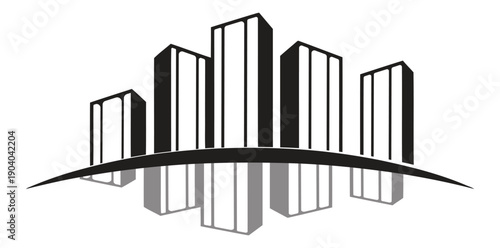 Modern Cityscape Skyline Silhouette with Reflective Buildings, Abstract Architectural Design, Minimalist Urban Landscape isolated on transparent background