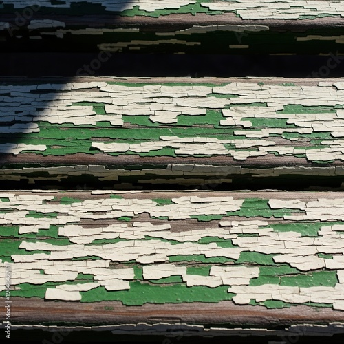 Weathered Wooden Surface With Peeling Green And White Paint