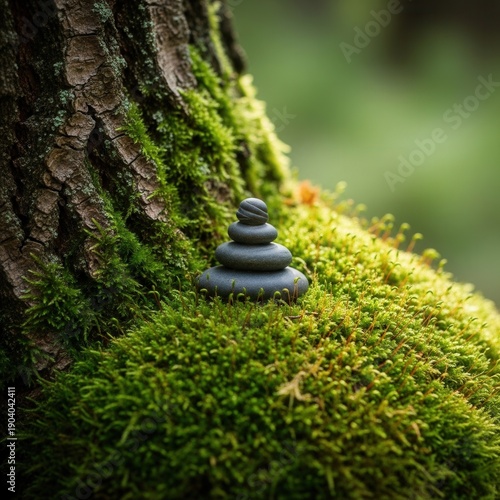 Zen Stone Stack Balanced on Mossy Tree Trunk Serene Nature