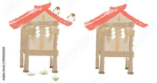 クレヨンで描いた神社、おやしろのベクターイラスト