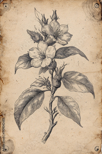 a vintage drawing of an apple blossom, on aged paper, highly detailed.