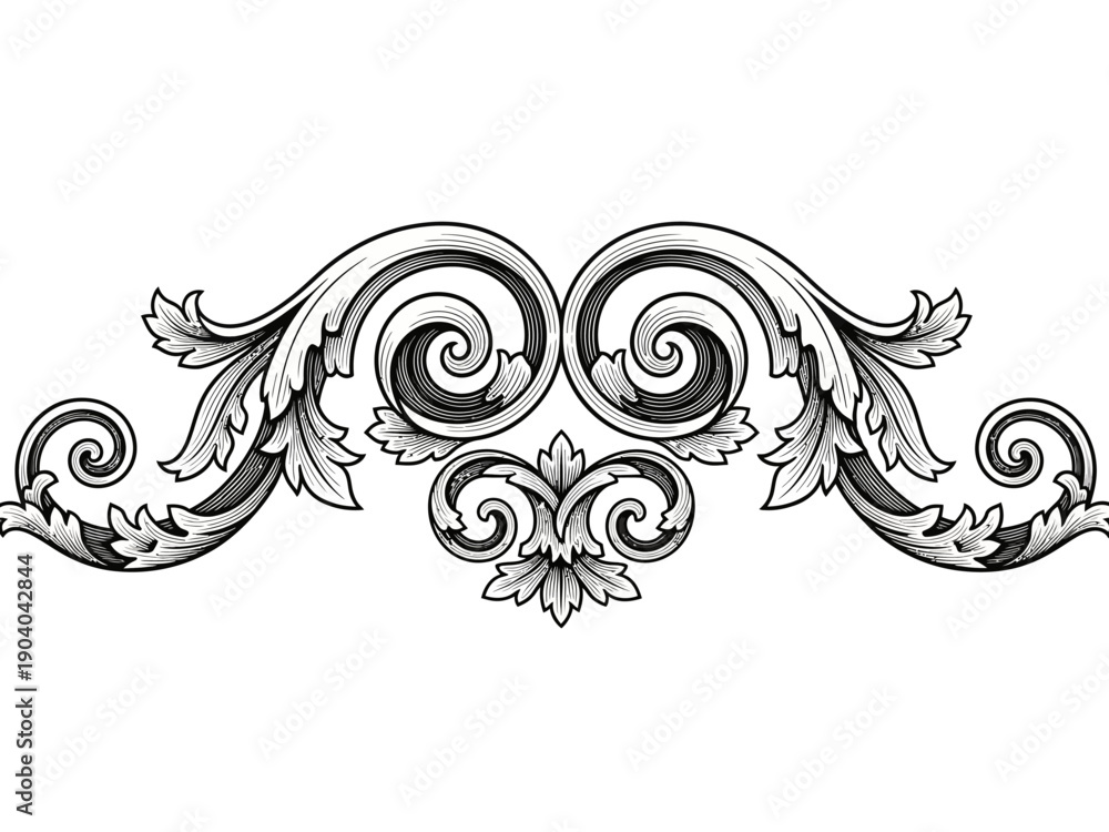 Fototapeta premium Elegant Baroque Scrollwork Ornament with Swirling Filigree and Leaf Motifs.