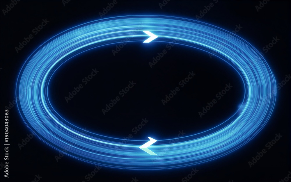 Obraz premium Blue glowing rings form circular motion, arrows indicating continuous flow against dark background.