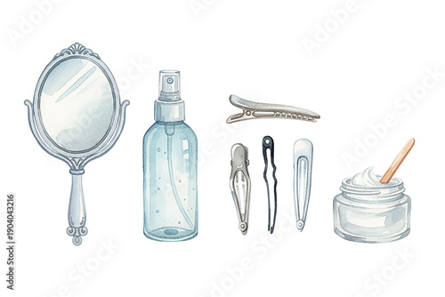 Watercolor illustration of beauty and hair care essentials a handheld mirror spray bottle hair clips and cream jar