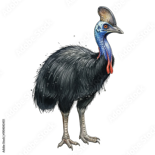 Majestic Cassowary Bird Standing Still with Black Feathers Blue Neck Red Wattles and Brown Casque Watercolor Art Style