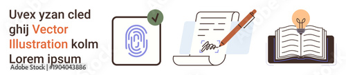 Authentication, education, creativity, research, verification, learning. Digital fingerprint with a checkmark, document signature and open book with lightbulb. Authentication and education concepts