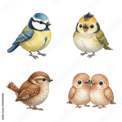Collection of Cute Watercolor Birds Including a Blue Tit Chick and Two Snuggling Baby Birds on White