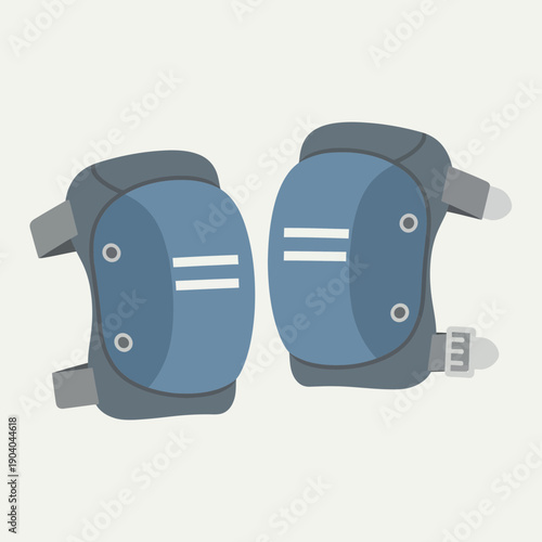 Pair of blue knee pads with white stripes and straps, isolated on light background
