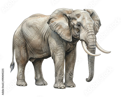 Large African elephant standing still showing its powerful presence and distinct features in a beautiful watercolor artwork