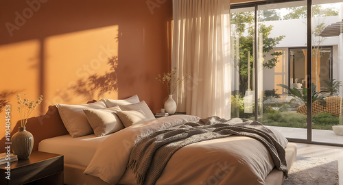 Modern Bedroom Interior with Natural Sunlight and Garden View.