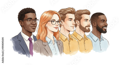Diverse group of happy professionals African American and Caucasian people standing smiling together in an illustration