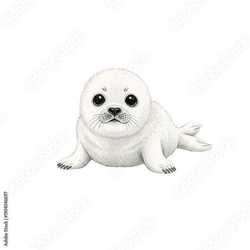Cute baby white seal pup lying down with big black eyes and an innocent adorable expression