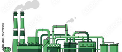 Industrial factory plant with pipes chimneys smoke tanks and refinery buildings manufacturing energy production green vector illustration