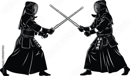 Kendo martial arts fighters sparring with bamboo swords silhouette samurai training combat duel Japanese sport discipline vector illustration