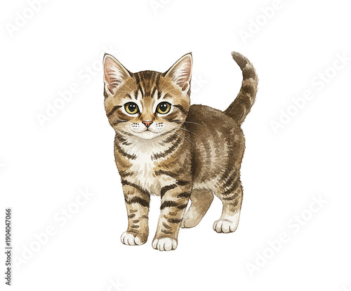 Cute tabby kitten standing alertly with innocent expression a charming watercolor illustration