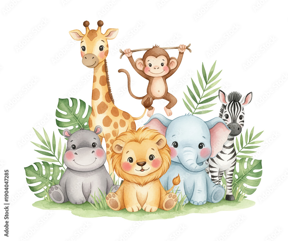 Naklejka premium Adorable baby safari animals including giraffe monkey hippo lion elephant zebra smiling happily on green grass