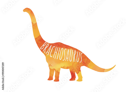 Vibrant Brachiosaurus Dinosaur Silhouette with Watercolor Sunset Gradient Texture and Name on White Background