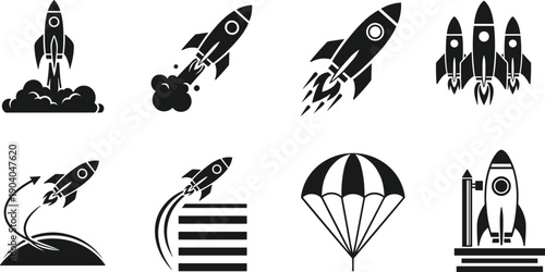 Rocket launch icons set featuring startup growth space mission shuttle takeoff booster flight black silhouette vector illustration collection